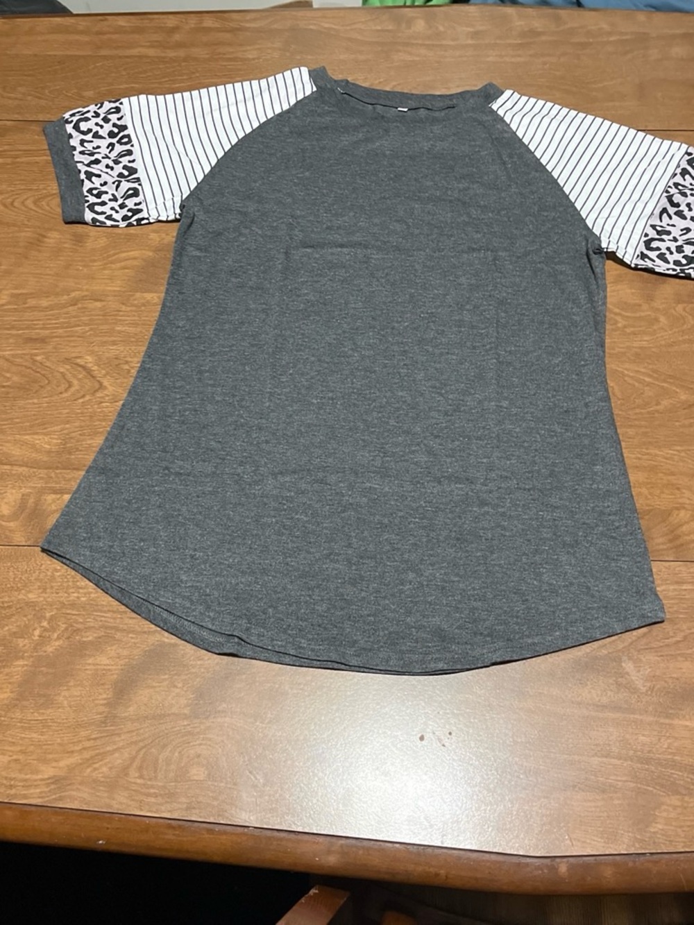 Charcoal Raglan Tee with Striped & Leopard Sleeve Detail